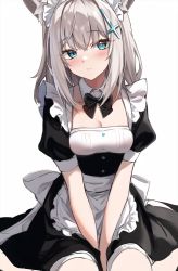 Rule 34 | 1girl, alternate costume, animal ear fluff, animal ears, black bow, black bowtie, black skirt, blue archive, blue eyes, blush, bow, bowtie, breasts, cleavage, closed mouth, commentary, cross hair ornament, enmaided, grey hair, hair ornament, highres, looking at viewer, maid, marisasu (marisa0904), medium breasts, puffy short sleeves, puffy sleeves, shiroko (blue archive), short sleeves, simple background, sitting, skirt, solo, white background