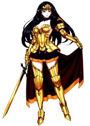 Rule 34 | 10s, 1girl, alternate color, annelotte, armor, armored dress, black hair, breasts, cape, cleavage, dark persona, demon, demon annelotte, eiwa, elbow gloves, fantasy, gloves, gold, gold armor, large breasts, long hair, pale skin, pointy ears, purple hair, queen&#039;s blade, queen&#039;s blade rebellion, red eyes, smile, sword, tiara, weapon