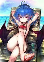 Rule 34 | 1girl, armpits, arms behind head, beach, black one-piece swimsuit, blue hair, crossed legs, cup, drinking glass, drinking straw, flat chest, long hair, looking at viewer, nail polish, ocean, one-piece swimsuit, outdoors, pointy ears, red eyes, remilia scarlet, ribbon, sandals, sitting, slingshot swimsuit, smile, solo, swimsuit, toes, touhou, tousen, wingsthighs