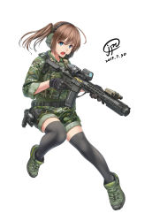Rule 34 | 1girl, ar-15, assault rifle, black thighhighs, blue eyes, brown hair, camouflage, commentary, dated, english commentary, gloves, gun, handgun, headset, highres, holding, holding gun, holding weapon, holster, holstered, jpc, open mouth, original, pistol, rifle, shorts, side ponytail, signature, solo, thighhighs, trigger discipline, weapon, white background