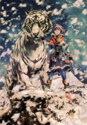 Rule 34 | 1girl, :|, animal, closed mouth, hand on another&#039;s face, highres, original, pink eyes, pink hair, skirt, snow, snowing, socks, solo, standing, tail, tiger, white tiger, wyx2