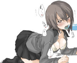 Rule 34 | 1boy, 1girl, all fours, black skirt, blush, bra, breasts, brown eyes, brown hair, cleavage, collarbone, commentary request, elf (stroll in the woods), fellatio, girls und panzer, hair between eyes, heart, hetero, highres, invisible penis, kuromorimine school uniform, large breasts, nishizumi maho, nose blush, open clothes, open mouth, open shirt, oral, partial commentary, penis, pleated skirt, saliva, school uniform, short hair, simple background, skirt, speech bubble, tears, tongue, translated, underwear, white background, white bra
