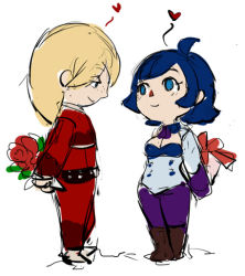 Rule 34 | 1boy, 1girl, ahoge, animal crossing, arms behind back, ascot, ash crimson, bad id, bad pixiv id, blonde hair, blue eyes, blue hair, boots, bouquet, breasts, cleavage, cleavage cutout, clothing cutout, elisabeth blanctorche, flower, freckles, gift, heart, muse (rainforest), nintendo, pants, pantyhose, parody, red pants, short hair, style parody, the king of fighters, villager (animal crossing)