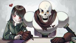 Rule 34 | 1boy, 1other, androgynous, chara (undertale), gloves, open mouth, papyrus (undertale), pencil, red eyes, scarf, shirt, shousan (hno3syo), skeleton, smile, source request, undertale, yellow eyes