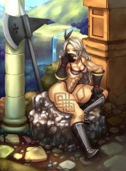 Rule 34 | 1girl, abs, amazon (dragon&#039;s crown), axe, bad id, bad pixiv id, blue eyes, boned meat, boots, breasts, cleavage, dragon&#039;s crown, feather hair ornament, feathers, food, gloves, feather hair ornament, katagiri (a1466502), long hair, meat, muscular, muscular female, silver hair, sitting, solo, tattoo, thick thighs, thighs, weapon