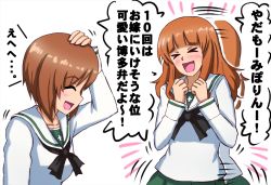 Rule 34 | &gt; &lt;, 2girls, :d, afterimage, black neckerchief, blouse, blunt bangs, brown eyes, brown hair, clenched hands, closed eyes, commentary, facing another, girls und panzer, green skirt, hand on own head, highres, long hair, long sleeves, motion lines, multiple girls, neckerchief, nishizumi miho, omachi (slabco), ooarai school uniform, open mouth, orange hair, pleated skirt, sailor collar, school uniform, serafuku, shirt, short hair, skirt, smile, standing, takebe saori, translation request, white background, white sailor collar, white shirt