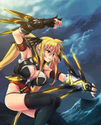 Rule 34 | 00s, 1girl, adapted costume, alternate weapon, bardiche (nanoha), belt, blonde hair, breasts, fate testarossa, fingerless gloves, gloves, large breasts, legs, long hair, lyrical nanoha, mahou shoujo lyrical nanoha, mahou shoujo lyrical nanoha strikers, nekomamire, red eyes, solo, thighhighs, thighs, twintails, weapon
