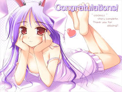 Rule 34 | 1boy, animal ears, barefoot, blush, rabbit ears, head rest, feet, hand on own face, happiness!, ko~cha, lying, male focus, nipple slip, nipples, nipples, on stomach, parody, purple hair, red eyes, reisen udongein inaba, shop, smile, soles, solo, third-party edit, toes, touhou, trap, watarase jun
