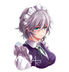 Rule 34 | 1girl, blue dress, blue eyes, breasts, commentary request, cropped torso, dress, green ribbon, hair between eyes, izayoi sakuya, looking at viewer, maid, maid headdress, mao wei du jiao shou, medium breasts, neck ribbon, puffy short sleeves, puffy sleeves, ribbon, shirt, short hair, short sleeves, silver hair, simple background, smile, solo, touhou, upper body, white background, white shirt, wing collar