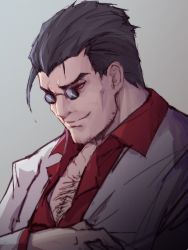 Rule 34 | 1boy, ahoge, blouse, chest hair, closed mouth, collared shirt, crossed arms, facial hair, glasses, grey background, helltaker, helltaker (character), highres, long sleeves, male focus, red shirt, shirt, short hair, simple background, solo, stubble, upper body, waero, white shirt