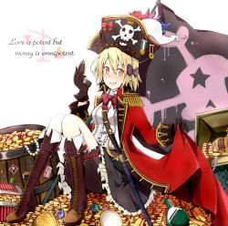 Rule 34 | 1girl, bad id, bad pixiv id, black gloves, blonde hair, boots, bow, coin, english text, epaulettes, gloves, grin, hair bow, hat, ido (teketeke), jolly roger, medal, original, pirate hat, red eyes, short hair, sitting, skull and crossbones, smile, solo, treasure, treasure chest