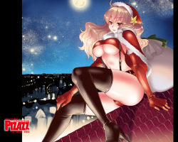 Rule 34 | 1girl, action pizazz, black thighhighs, blonde hair, boots, breasts, christmas, elbow gloves, gloves, hair ornament, hat, high heel boots, high heels, large breasts, legs, long hair, long legs, official art, official wallpaper, pon takahanada, red eyes, red gloves, sack, santa costume, santa hat, shoes, sitting, solo, suspenders, thigh boots, thighhighs, thighs, underboob