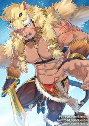 Rule 34 | 1boy, abs, animal hood, bara, bare pectorals, beard, blue eyes, boar hood, body fur, brown hair, chest harness, facial hair, facial mark, fighting stance, goatee, gullinbursti (housamo), harness, holding, holding weapon, hood, kienbiu, large pectorals, long sideburns, looking at viewer, male focus, manly, muscular, navel, nipples, one eye covered, paid reward available, pants, pectorals, revealing clothes, sideburns, solo, sword, tight clothes, tight pants, tokyo houkago summoners, upper body, vambraces, weapon