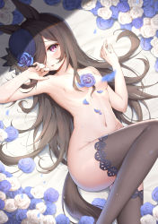 Rule 34 | 1girl, absurdres, animal ears, arm up, armpits, bad id, bad pixiv id, bed sheet, blue flower, blue rose, blush, breasts, brown hair, brown thighhighs, convenient censoring, feet out of frame, flower, hair censor, hair over breasts, hair over one breast, hair over one eye, highres, hongye feixue, horse ears, horse girl, horse tail, knee up, long hair, looking at viewer, lying, navel, nude, on back, on bed, parted lips, petal censor, petals, purple eyes, purple headwear, rice shower (umamusume), rose, rose petals, small breasts, solo, stomach, tail, thighhighs, umamusume, very long hair, white flower, white rose