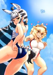 Rule 34 | 2girls, absurdres, adjusting clothes, adjusting swimsuit, alternate costume, animal ears, bare legs, bare shoulders, black hair, blue one-piece swimsuit, blunt bangs, blush, brown hair, competition swimsuit, extra ears, heart, highres, kemono friends, lion (kemono friends), lion ears, lion girl, lion tail, long hair, multicolored clothes, multicolored hair, multicolored swimsuit, multiple girls, navel, one-piece swimsuit, orange eyes, pariparifromage, plains zebra (kemono friends), short hair, sidelocks, smile, swimsuit, tail, two-tone hair, white hair, white one-piece swimsuit, yellow eyes, zebra ears, zebra girl, zebra tail