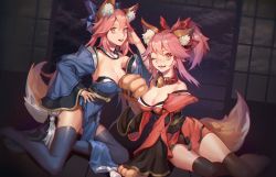 Rule 34 | 10s, 2girls, animal ears, animal hands, arms behind back, bell, black legwear, blue legwear, breasts, cat paws, cleavage, collar, dark, detached collar, detached sleeves, dual persona, fangs, fate/extra, fate/grand order, fate (series), film grain, fox ears, fox tail, from side, gloves, hair ribbon, hand on own hip, indoors, japanese clothes, jingle bell, large breasts, leaning to the side, legs together, looking at viewer, multiple girls, neck bell, one eye closed, parted bangs, paw gloves, paw shoes, pelvic curtain, pink hair, ribbon, shoes, shouji, sitting, sliding doors, spread legs, tail, tamamo (fate), tamamo cat (fate), tamamo cat (first ascension) (fate), tamamo no mae (fate/extra), yan wei jiaonang, yellow eyes