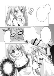 Rule 34 | 1girl, belt, blank speech bubble, blush, breasts, censored, comic, covering face, covering own mouth, dress, greyscale, hatsune miku, hetero, highres, long hair, manami tatsuya, monochrome, nipples, no bra, open mouth, penis, penis awe, small breasts, speech bubble, twintails, undressing, vocaloid