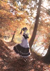 Rule 34 | 1girl, anyotete, autumn, autumn leaves, boots, cross-laced footwear, dress, forest, full body, hair ornament, hair scrunchie, high heel boots, high heels, highres, holding, holding leaf, lace-up boots, layered dress, leaf, leather, leather boots, light smile, looking at viewer, maid, maid headdress, maple leaf, nature, original, outdoors, photo background, pinafore dress, ponytail, profile, scenery, scrunchie, sleeveless dress, solo, sunlight, tree, two-tone dress
