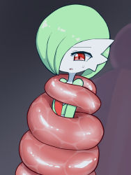 Rule 34 | 1girl, arms at sides, bob cut, colored skin, constriction, creatures (company), female focus, flat chest, game freak, gardevoir, gen 3 pokemon, gen 4 pokemon, gradient background, green hair, green skin, grey background, hair over one eye, highres, lickilicky, long tongue, multicolored skin, nintendo, one eye covered, open mouth, pokemon, pokemon (creature), red eyes, restrained, rxq, saliva, short hair, sideways mouth, simple background, solo focus, standing, sweat, tongue, two-tone skin, upper body, white skin