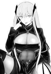 Rule 34 | 1girl, beak (girls&#039; frontline), bodysuit, breasts, cleavage, cleavage cutout, clothing cutout, commentary, covered navel, eyelid pull, girls&#039; frontline, greyscale, hair between eyes, highres, large breasts, light smile, long hair, long sleeves, looking at viewer, metameta gross, monochrome, sangvis ferri, shorts, shrug (clothing), simple background, sitting, skindentation, solo, thighhighs, tongue, tongue out, very long hair, white background