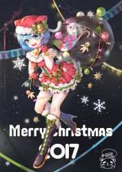 Rule 34 | 10s, 1girl, 2017, :d, animal hat, bell, between breasts, black footwear, blue eyes, blue hair, blush, boots, box, breasts, candy, candy cane, cat hat, center frills, choker, christmas, christmas ornaments, dress, english text, food, frills, full body, gift, gift box, gingerbread man, gloves, hair between eyes, hair ribbon, hat, high heels, holding, holly, knee boots, leg up, looking at viewer, medium breasts, merry christmas, neck bell, open mouth, re:zero kara hajimeru isekai seikatsu, red dress, red gloves, rem (re:zero), ribbon, sack, santa costume, smile, snow, snow globe, snowflakes, snowing, solo, standing, standing on one leg, striped ribbon, xiao yao xiong (xy450425885)