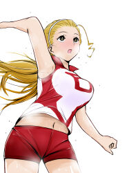 Rule 34 | 1girl, absurdres, arm up, armpits, awanokami, blonde hair, breath, brown eyes, commentary, girls und panzer, hair pulled back, hairband, highres, long hair, looking to the side, midriff peek, navel, open mouth, ponytail, red shirt, red shorts, sasaki akebi, shirt, short shorts, shorts, simple background, sleeveless, sleeveless shirt, solo, spiking, sportswear, sweat, volleyball uniform, white background, white hairband