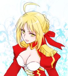 Rule 34 | 10s, 1girl, ahoge, blonde hair, breasts, cleavage, dress, epaulettes, fate/extra, fate (series), green eyes, hair ribbon, nero claudius (fate), nero claudius (fate), nero claudius (fate/extra), ribbon, shinzui (fantasysky7), solo