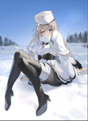 Rule 34 | 1girl, absurdres, azur lane, black footwear, black pantyhose, blue sky, boots, closed mouth, coat, fake tail, flantia, hat, heterochromia, highres, light brown hair, long hair, looking at viewer, murmansk (azur lane), outdoors, pantyhose, pink eyes, purple eyes, sitting, sketch, sky, smile, snow, solo, tail, thigh boots, white coat, white hat, winter clothes
