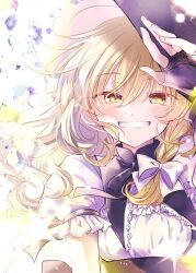 Rule 34 | 1girl, black dress, black gloves, blonde hair, bow, braid, breasts, dress, fingerless gloves, gloves, hair bow, highres, kirisame marisa, looking at viewer, medium breasts, poprication, shirt, short sleeves, small breasts, smile, solo, touhou, white bow, white shirt, yellow eyes
