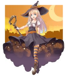Rule 34 | 1girl, absurdres, blonde hair, blue eyes, boots, crescent moon, dress, earrings, fangs, gloves, halloween, hat, highres, jewelry, kurokin, long hair, moon, original, pointy ears, solo, staff, striped clothes, striped thighhighs, thighhighs, white gloves, witch hat