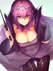 Rule 34 | 1girl, absurdres, bent over, breasts, cleavage, dress, fate/grand order, fate (series), feather trim, fur-trimmed dress, fur trim, hair between eyes, headpiece, highres, holding, holding wand, large breasts, long sleeves, okoru ringo, pantyhose, purple dress, purple hair, red eyes, scathach (fate), scathach skadi (fate), smile, solo, tiara, wand, wide sleeves
