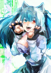 Rule 34 | 1girl, absurdres, animal ears, animal hands, blue hair, breasts, cat ears, cat paws, green background, green eyes, green hair, hands up, heterochromia, highres, kyuuba melo, large breasts, long hair, long sleeves, multicolored background, red eyes, smile, teeth, tokyo ghoul, tokyo ghoul:re, tongue, twintails, upper body, upper teeth only, white background, yonebayashi saiko