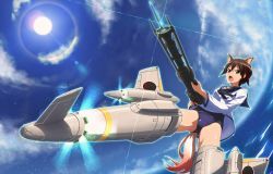 Rule 34 | 1girl, animal ears, brown eyes, brown hair, dog ears, dog tail, gun, highres, lens flare, md5 mismatch, military, military uniform, miyafuji yoshika, ocean, open mouth, rifle, school swimsuit, solo, strike witches, striker unit, swimsuit, swimsuit under clothes, tail, uniform, weapon, world witches series, yachimoto