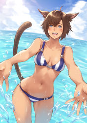 Rule 34 | 1girl, ahoge, animal ears, warrior of light (ff14), bare arms, bare legs, bare shoulders, bikini, blue eyes, blue sky, breasts, brown hair, cat ears, cat tail, cloud, cloudy sky, collarbone, commentary, dark-skinned female, dark skin, day, facial mark, fangs, final fantasy, final fantasy xiv, highres, lips, looking at viewer, makimura shunsuke, medium breasts, miqo&#039;te, navel, ocean, open mouth, outdoors, partially submerged, short hair, sky, smile, solo, sparkle, splashing, stomach, string bikini, striped, swimsuit, tail, teeth, thighs, vertical stripes, wading, water, water drop
