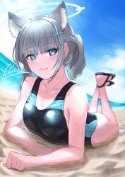 Rule 34 | 1girl, animal ear fluff, animal ears, beach, black one-piece swimsuit, blue archive, blue eyes, blue sky, breasts, cloud, competition swimsuit, cross hair ornament, day, extra ears, grey hair, hair ornament, halo, highres, horizon, looking at viewer, low ponytail, lying, medium breasts, medium hair, mismatched pupils, multicolored clothes, multicolored swimsuit, ocean, official alternate costume, on stomach, one-piece swimsuit, outdoors, sand, shiroko (blue archive), shiroko (swimsuit) (blue archive), sky, smile, solo, swimsuit, towofuya, wolf ears