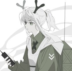 Rule 34 | 1girl, absurdres, antlers, arknights, collared shirt, dress shirt, firewatch (arknights), green eyes, green shirt, grey hair, hair between eyes, highres, holding, horns, lihuashuangxiang, looking away, parted lips, ponytail, shirt, sidelocks, solo, walkie-talkie