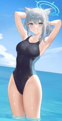 Rule 34 | 1girl, absurdres, animal ear fluff, animal ears, armpits, arms behind head, arms up, blue archive, competition swimsuit, cross, cross hair ornament, extra ears, grey hair, hair ornament, halo, highleg, highleg swimsuit, highres, inverted cross, low ponytail, medium hair, mismatched pupils, miyazaki-san (mmyyzk), multicolored clothes, multicolored swimsuit, official alternate costume, one-piece swimsuit, partially submerged, ponytail, shiroko (blue archive), shiroko (swimsuit) (blue archive), smile, swimsuit, two-tone swimsuit, wolf ears