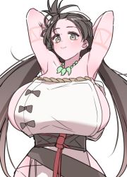 Rule 34 | 1girl, akitokage, armpits, arms behind head, arms up, bare shoulders, blush, body markings, breasts, brown eyes, brown hair, closed mouth, dress, fate/grand order, fate (series), himiko (fate), himiko (first ascension) (fate), huge breasts, jewelry, long hair, looking at viewer, magatama, magatama necklace, necklace, no bra, no panties, sash, side slit, sideboob, smile, topknot, twintails, white dress