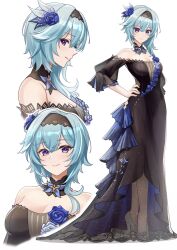 Rule 34 | 1girl, asymmetrical hair, bare shoulders, black dress, black hairband, blue flower, blue hair, blue rose, breasts, butterfly hair ornament, closed mouth, detached collar, dress, eula (genshin impact), flower, genshin impact, gradient eyes, hair ornament, hairband, high heels, highres, large breasts, long dress, long hair, looking at viewer, mon-chan, multicolored eyes, multiple views, off-shoulder dress, off shoulder, official alternate costume, purple eyes, rose, smile, white background