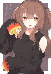 Rule 34 | 1girl, :d, black sweater, brown background, brown eyes, brown hair, clothing cutout, copyright request, fangs, fingernails, flame print, hand up, highres, long hair, long sleeves, looking at viewer, multicolored eyes, nail polish, nekoume, open mouth, print sweater, shoulder cutout, simple background, sleeves past wrists, smile, solo, striped, sweater, translation request, two side up, upper body, vertical stripes, yellow eyes, yellow nails