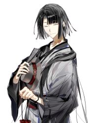 Rule 34 | 1boy, ^ ^, asymmetrical sleeves, bag, bead bracelet, beads, black hair, black sash, black sleeves, blunt bangs, blunt ends, bracelet, brendas46157301, closed eyes, closed mouth, curtained hair, fate/grand order, fate (series), fedora, folded fan, folding fan, grey hat, grey kimono, hair over shoulder, hand fan, hat, highres, holding, holding bag, holding clothes, holding fan, holding hat, japanese clothes, jewelry, kimono, long hair, low ponytail, male focus, mismatched sleeves, official alternate costume, sash, simple background, smile, solo, tai gong wang (fate), unworn hat, unworn headwear, upper body, white background