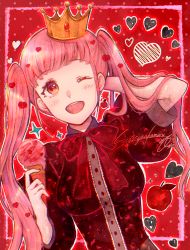 Rule 34 | 1girl, ;d, absurdres, akamaru saasha, bow, bowtie, breasts, brown eyes, crown, dress shirt, earrings, fire emblem, fire emblem: three houses, food, gem, highres, hilda valentine goneril, holding, holding food, ice cream, jewelry, long hair, looking at viewer, medium breasts, nintendo, one eye closed, open mouth, pink hair, red background, red bow, red bowtie, red gemstone, red shirt, shirt, short sleeves, smile, solo, twintails, upper body, very long hair