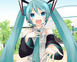 Rule 34 | 1girl, aqua eyes, aqua hair, bad id, bad pixiv id, detached sleeves, hand on own chest, hatsune miku, headset, katagiri (mighty swing), long hair, necktie, open mouth, outstretched arm, solo, twintails, vocaloid