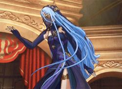 Rule 34 | 1girl, animated, animated gif, armpits, azura (fire emblem), blue hair, curtains, dancing, detached sleeves, dress, fire emblem, fire emblem fates, half mask, long hair, lowres, mask, nintendo, solo, stage, veil, yellow eyes