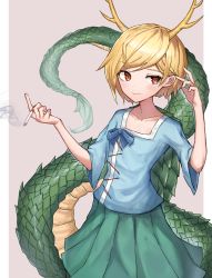 Rule 34 | 1girl, antlers, blonde hair, blue shirt, cigarette, closed mouth, collarbone, cowboy shot, dragon horns, dragon tail, flat chest, green skirt, grey background, hair behind ear, hands up, highres, holding, holding cigarette, horns, kicchou yachie, leste (humansequencer), light blush, orange eyes, pleated skirt, shirt, short hair, simple background, skirt, smile, smoke, solo, swept bangs, tail, touhou, turtle shell