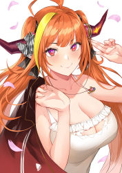 Rule 34 | 1girl, absurdres, ahoge, bare arms, bare shoulders, black ribbon, blonde hair, blunt bangs, blush, bow, breasts, bright pupils, camisole, cleavage, cleavage cutout, closed mouth, clothing cutout, collarbone, commentary request, diagonal-striped bow, dragon girl, dragon horns, frilled camisole, frills, hair ribbon, hand up, highres, holding, holding clothes, holding jacket, hololive, horn bow, horn ornament, horns, jacket, jacket over shoulder, jewelry, kiryu coco, kiryu coco (loungewear), large breasts, logo, long hair, looking at viewer, multicolored eyes, multicolored hair, nr noir, official alternate costume, orange hair, pendant, petals, purple eyes, red eyes, red jacket, ribbon, salute, sidelocks, simple background, smile, solo, spaghetti strap, streaked hair, striped, striped bow, track jacket, twintails, two-finger salute, unworn jacket, upper body, virtual youtuber, white background, white camisole, white pupils