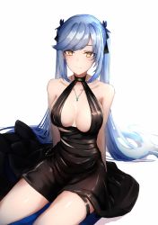 Rule 34 | 1girl, absurdres, azur lane, bare arms, bare shoulders, black dress, blue hair, closed mouth, dress, essex (azur lane), essex (craft fairytail) (azur lane), hair ornament, highres, isaki note, jewelry, long hair, looking at viewer, necklace, official alternate costume, simple background, sitting, solo, thigh strap, thighs, twintails, white background, yellow eyes