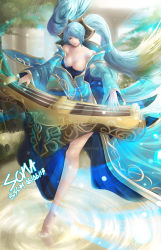 Rule 34 | 1girl, bare shoulders, barefoot, blue hair, breasts, bryan song, character name, cleavage, dated, detached sleeves, dress, etwahl, gradient hair, hair ornament, highres, impossible clothes, impossible dress, large breasts, league of legends, long hair, low neckline, multicolored hair, nail polish, outdoors, sona (league of legends), standing, tagme, twintails, very long hair, watermark, web address, yellow eyes