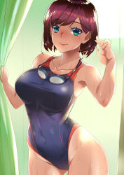 Rule 34 | 1girl, absurdres, ass, backlighting, blue eyes, blue one-piece swimsuit, breasts, collarbone, competition swimsuit, cowboy shot, curtains, goggles, goggles around neck, groin, hands up, highleg, highleg swimsuit, highres, kurikoma (mxmt5784), large breasts, looking at viewer, one-piece swimsuit, original, parted bangs, purple hair, short hair, solo, standing, swimsuit, taut clothes, taut swimsuit, wet