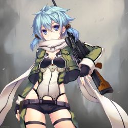 Rule 34 | 10s, 1girl, anti-materiel rifle, blue eyes, blue hair, bolt action, fingerless gloves, gloves, gun, hair ornament, hairclip, looking at viewer, matching hair/eyes, momoko (momopoco), pgm hecate ii, rifle, scarf, short hair with long locks, short shorts, shorts, sinon, sniper rifle, solo, sword art online, thigh strap, twintails, weapon